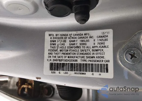 2012 Honda Civic Lx z USA, uszkodzony, nr VIN 2HGFB2F55CH323688